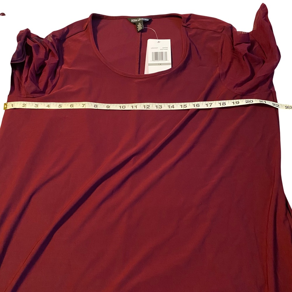 Nina Leonard Deep Wine Sheer Sleeve Floral Detail Tunic Dress Plus Size 1X‎ - Picture 10 of 10